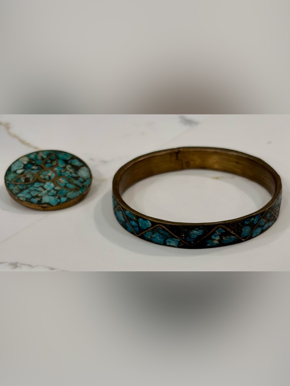 Vintage Turquoise Brass‎ Inlaid Brooch and Bracelet Jewelry 1960s Made in India